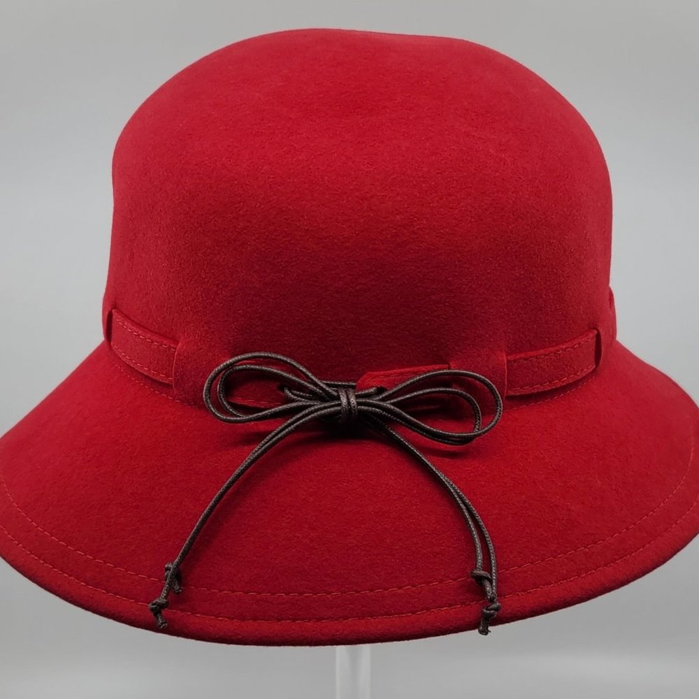 😍 Red Boho Chic Wool Felt Brim Hat with Faux Leather Bow * Crushable *